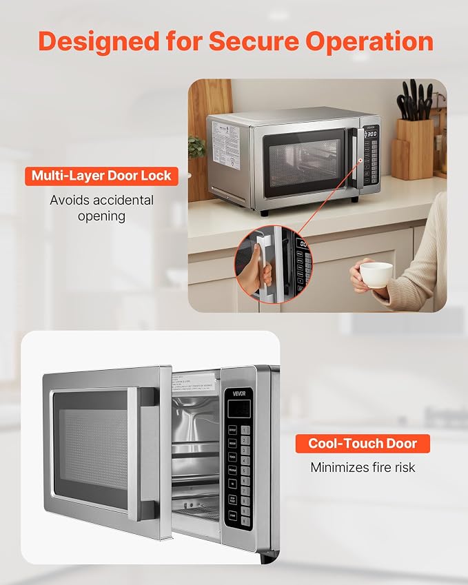 VEVOR Commercial Microwave Oven, 0.9 Cu Ft, 1000W Digital Stainless Steel Countertop Microwave Oven with Touchscreen, 10 Cooking Presets, 5 Power Levels, Multi-Lock Door & Easy Clean for Restaurants