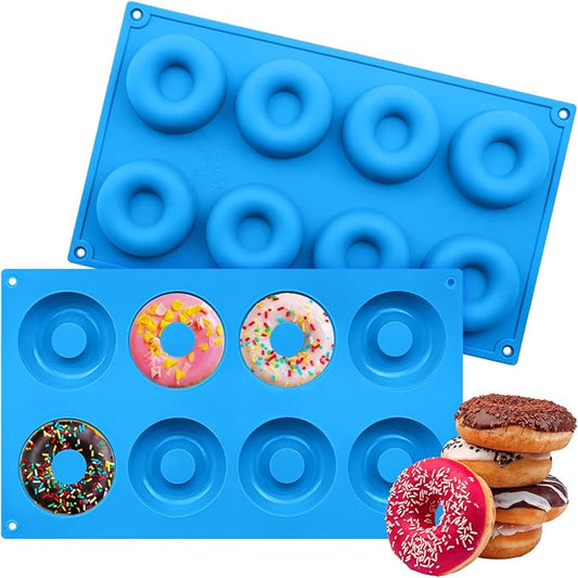 2er Pack Silicone Donut Mold - Non-Stick Silicone Doughnut Pan DIY Chocolate Baking Cookie Molds, Heat Resistant, Make Donut Cake Biscuit Bagels, BPA Free Dishwasher Safe (blue, 8 Cavities)