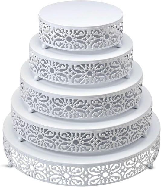 Wenqik 5 Pcs Metal White Cake Stand 16/14/12/10/8 Inch Round Cake Holder Display for Dessert Table Cookies Fruit Serving Tray Cupcake Pastry Riser for Wedding Birthday Party and Events