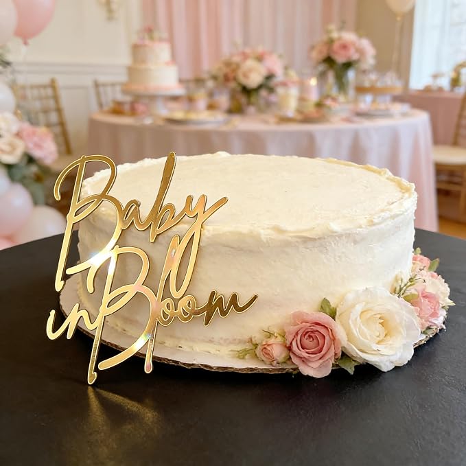 Baby in Bloom Gold Cake Topper,Acrylic Baby shower Cake Side Decorations, Gender Reveal Pregnancy Announcement/Birth Announcement/Welcome Baby Decorative Party Supplies