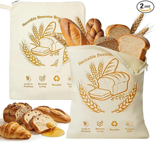 2 Pack Reusable Beeswax Bread Bags with Wide L-Shaped Zipper for Homemade Bread Sourdough - 17x13 Large Organic Cotton Linen Storage Bag - Moisture Lock Keeps Bread Fresh, Easy to Clean
