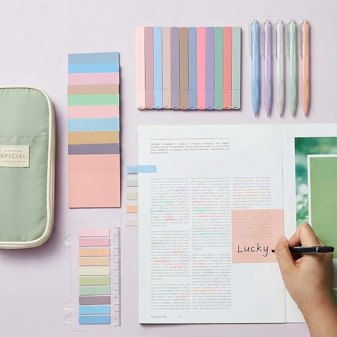 Jutom 39 Pcs Aesthetic Book Annotation Kit Highlighter with Case Bag Gel Pen Transparent Sticky Note Taking Bible Supplies(Green,Cute Style)