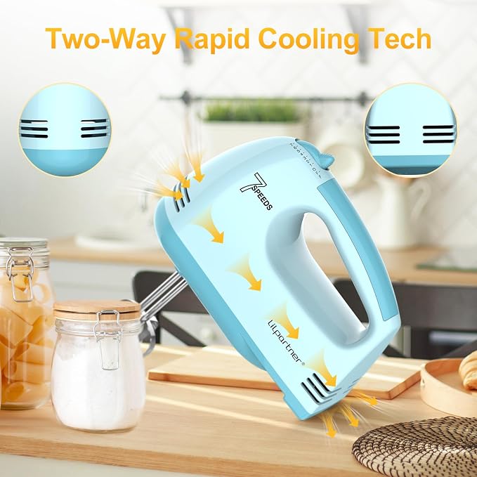 LILPARTNER Hand Mixer Electric, Ultra Power Kitchen Hand Mixer With 7-Speed & 5 Stainless Steel Accessories for Whipping Dough, Cream, Cake, Dishwasher Safe, Light Blue