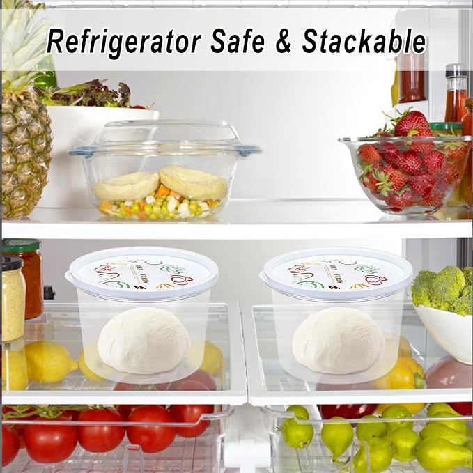 BSTKEY Round Pizza Dough Proofing Boxes, Set of 9 Stackable Food Storage Containers with Lid, 1100ml Clear Plastic Tray Fits for 300 Gram Pizza Dough, For Making 12-16" Pizzas