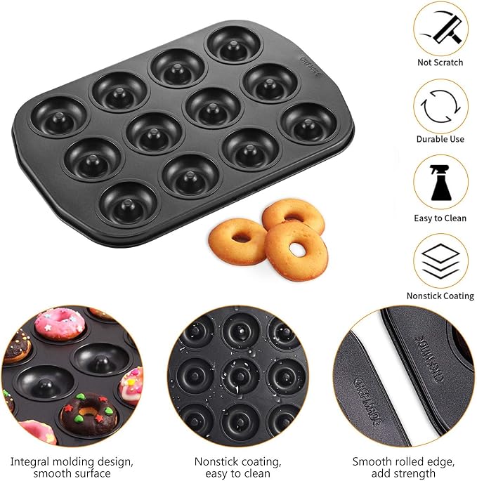CHEFMADE Mini Donut Baking Pans, Non-Stick 12-Cavity Donut Pan, Carbon Steel Cake Baking Pan - BPA Free Mini Bagel Pan, Oven, Microwave, Freezer Safe