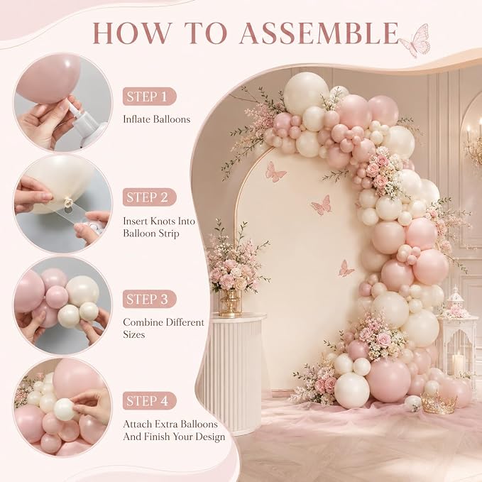 Dusty Pink Balloon Arch Kit, 122Pcs Dusty Pink Ivory Sand White Matte Balloons for Girls Boho Birthday Bridal Wedding Engagement Neutral Baby Shower Anniversary Party Decorations