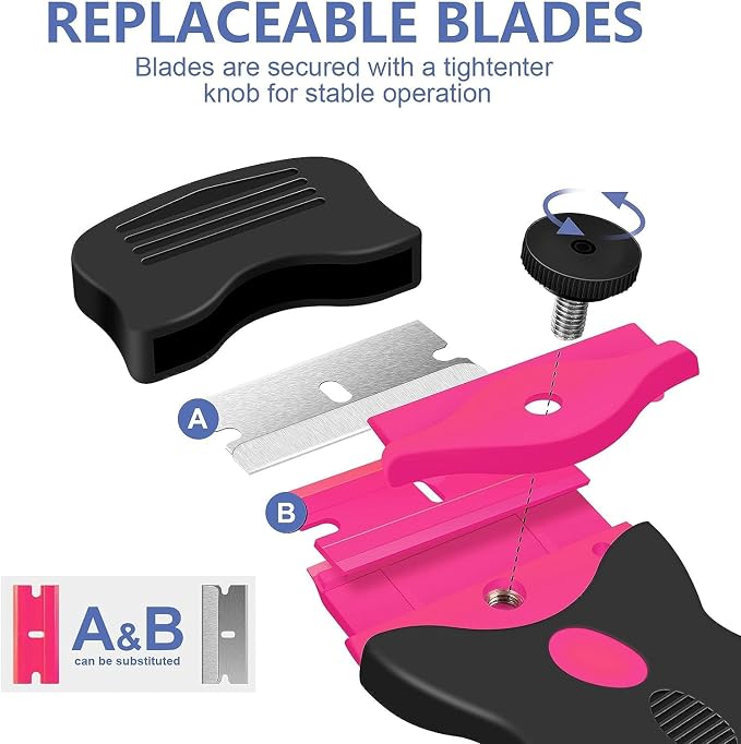 DEKEones Razor Blade Scraper, Double Edged Razorblade Scraping Tool with 10 Pcs Razor Blades, Paint Scraper for Glass, Decals, Tint, Stickers, Labels, Caulk, Adhesive(Pink)