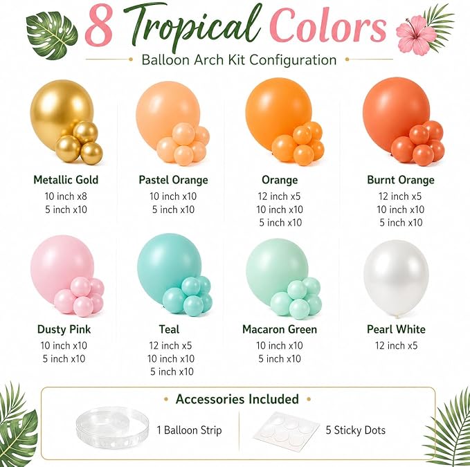 Tropical Balloon Arch Kit, 149 PCS Hawaiian Luau Balloons Garland Pink Teal Orange Coral Metallic Gold Latex Balloons for Flamingo Summer Aloha Beach Pool Baby Shower Birthday Party Decorations
