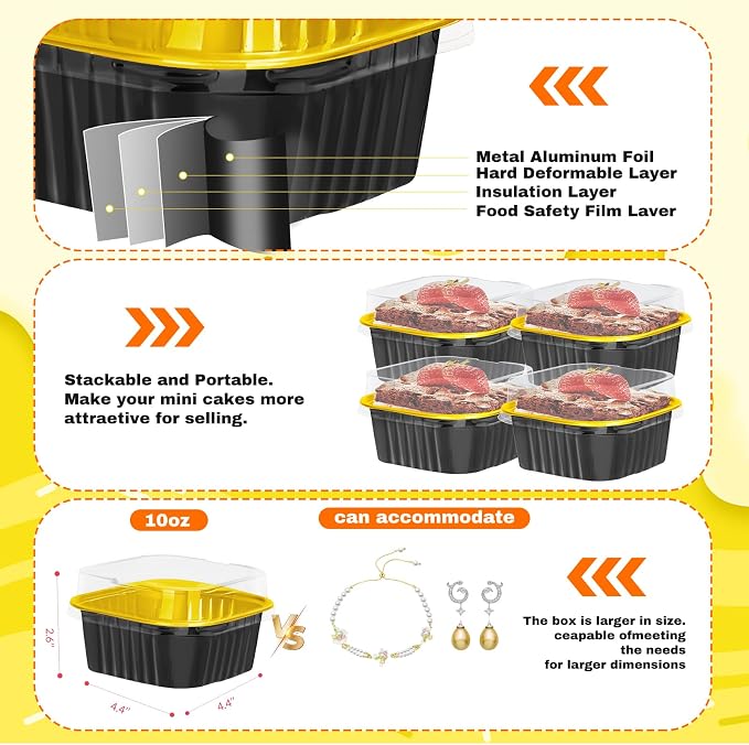 200Pack 5oz Black&Gold Mini Cake Pans with Lids Baking Cups Aluminum Foil Pans Tins, Individual Dessert Cups Containers for Sales,Party,Picnics