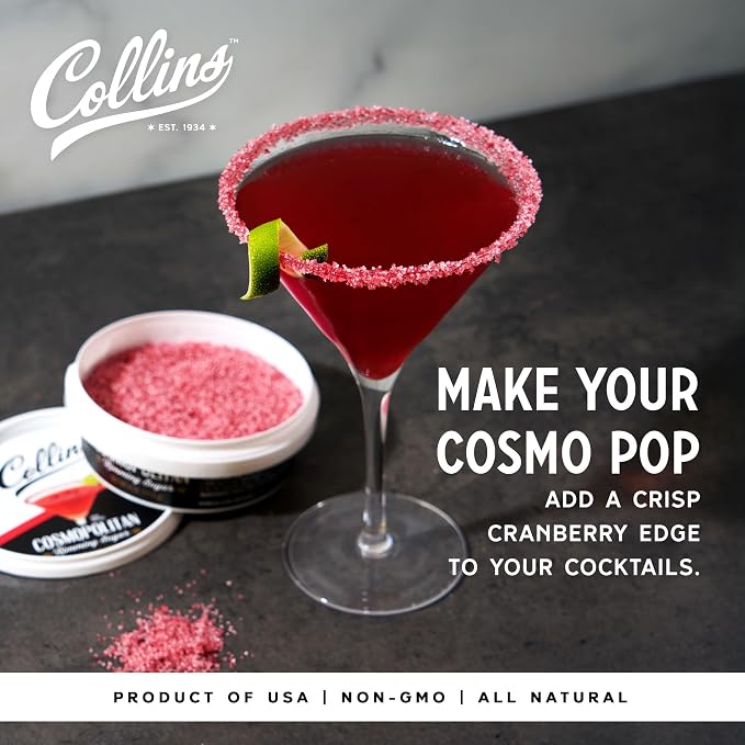 Collins Cosmopolitan Cocktail Sugar, Red Cranberry Flavored Rimming Sugar for Cosmos, Cranberry Martinis, Vodka Cranberry, Champagne Spritzers, 4 oz