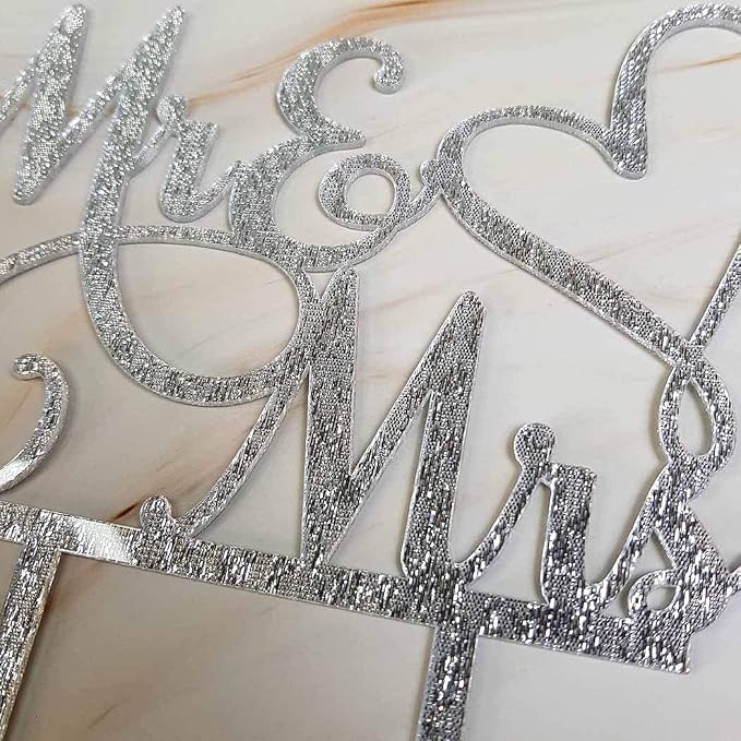 Mr and Mrs Cake Topper Decoration For Bride and Groom Sign Wedding/Engagement , Silver Glitter Acrylic