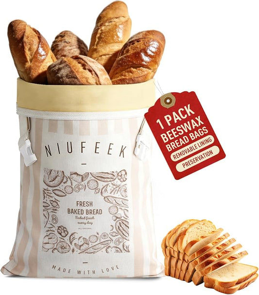 1 Pack Reusable Sourdough Beeswax Bread Bags, Zipper Sealed homemade bread sourdough with Detachable Washable Liner, XL 12.6 x 17Inch Cotton Linen Eco-Friendly Fresh Food Storage for Home & Bakery