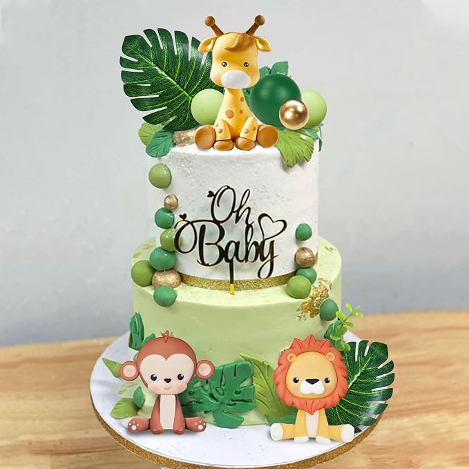 Jungle Safari Animal Cake Topper with Colourful Balls Plam Leaves Cake Decoration for Wild Theme Birthday Supplies (STYLE 3)