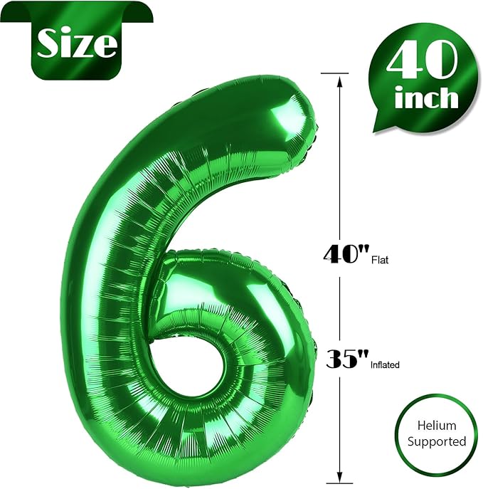 Dark Green Number 6 Balloon 40 Inch, 6th Birthday Party Decorations for Children, Giant 6 Foil Balloon for Party Supplies