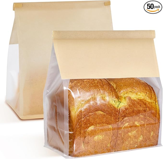 Ocmoiy 50Pcs Large Paper Bread Bags, Resealable Sourdough Bread Bags, Clear Front Tin Tie Tab Lock Bakery Storage Bag with Window Paper Treat Bag (8.7x4.3x11 Inch)