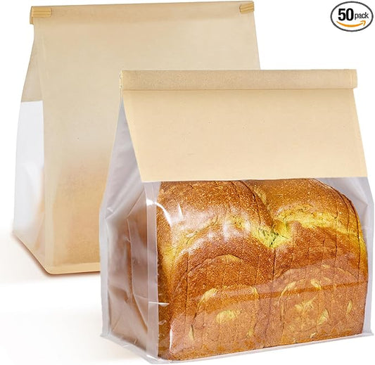 Ocmoiy 50Pcs Large Paper Bread Bags, Resealable Sourdough Bread Bags, Clear Front Tin Tie Tab Lock Bakery Storage Bag with Window Paper Treat Bag (8.7x4.3x11 Inch)