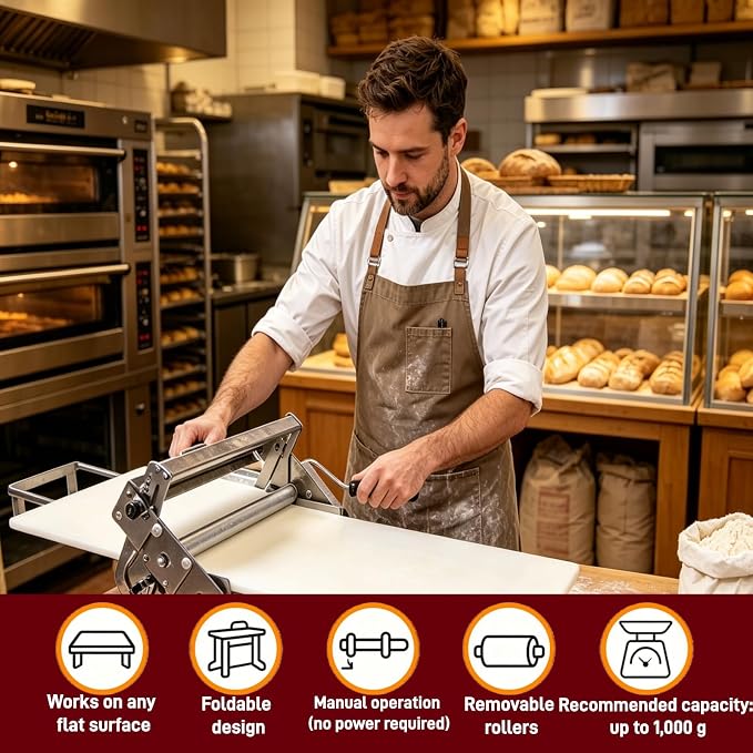 15.5" Folding Dough Sheeter, Stainless Steel Manual Dough Roller | 55 Adjustable Thicknesses, Includes Sheeter Board, Commercial Grade, For Pizza, Croissants and Puff Pastry