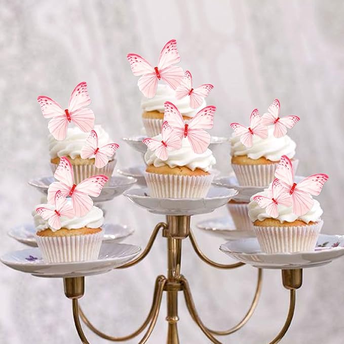 60Pcs Edible Butterfly Cupcake Toppers Pink Butterflies Cupcake Picks Drink Toppers for Butterfly Theme Baby Shower Girls Birthday Party Birdal Shower Engagement Wedding Party Decorations
