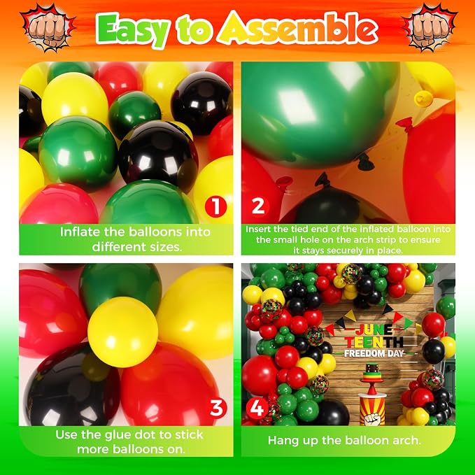 Juneteenth Balloon Garland Arch Kit 203Pcs, Red Yellow Green Black Balloons Arch Kit for Juneteenth Day Decorations Celebration of Freedom Black History Month Africa American Party Decoration