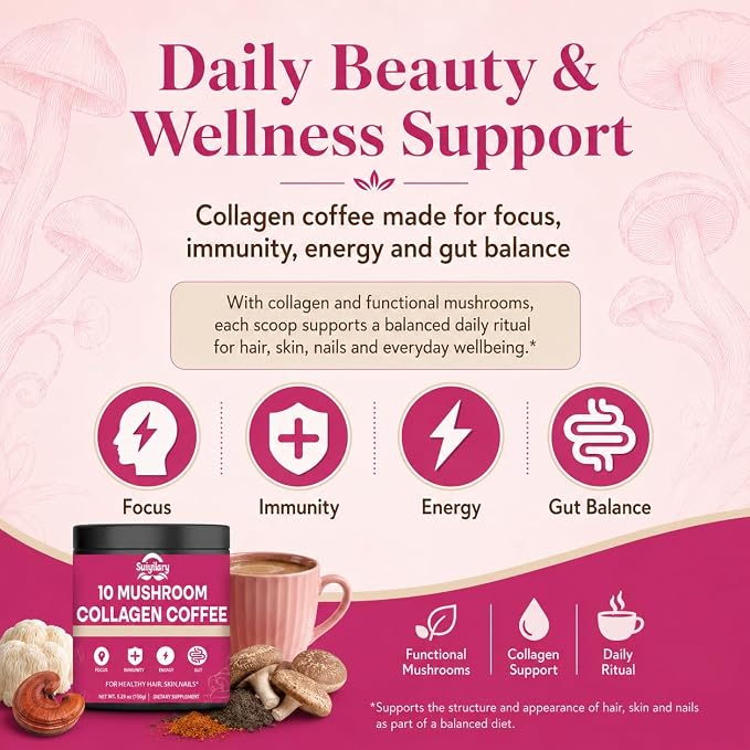 Suiyilary Mushroom Coffee with Collagen, 10 Mushroom Extract Powder Blend Lion's Mane, Brain Supplements with Instant Coffee for Energy, Focus, Skin and Immunity 150g 30 Serving
