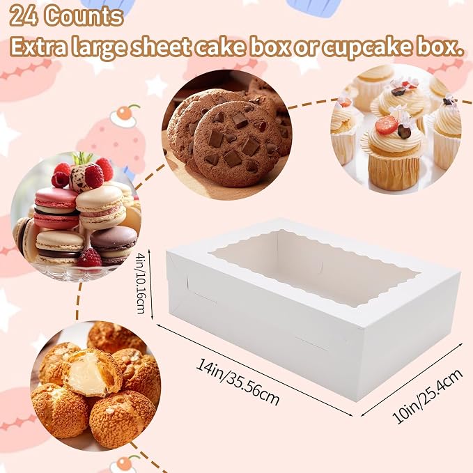 24 Sets 14x10x4in White Bakery Boxes Half Sheet Cake Boxes with Window, Large Rectangle Sheet Cake Boxes Treat Boxes for Pastry Baking Cake Donuts Cupcake Pie Packaging