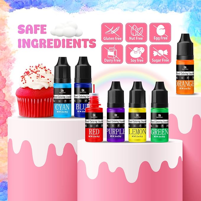 Food Coloring - Rainbow Liquid Icing Food Coloring Set for Baking, Cake Decorating, Easter Egg, Airbrush - 7 Colors Tasteless Edible Food Color Dye for Fondant, Drinks, DIY Slime, Crafts - 15g Each