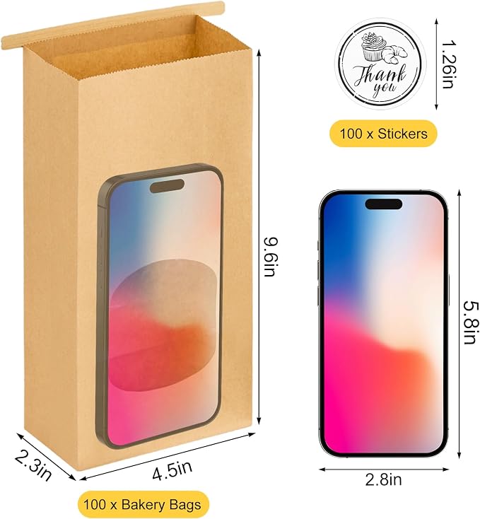 Ocmoiy Medium Bakery Cookie Bags with Window, 4.5x2.36x9.6 Inches, 100 Pcs | Tin Tie Tab Lock, Kraft Paper Bags, With Thank You Stickers, For Cookie, Coffee, Bread