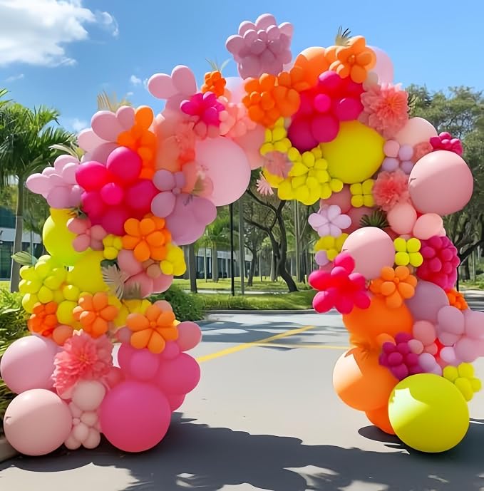 Pink and Orange Balloon Arch, 103 PCS Baby and Hot Pink Balloon Garland With Peach Yellow Balloons for Princess Tropical Hawaiian Theme Birthday Party Decorations