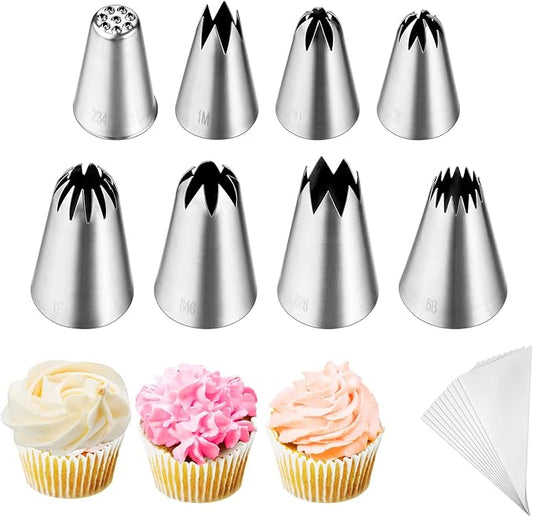 Kasmoire 8Pcs Large Piping Tips Set,Stainless Steel Icing Tips with 10 Disposable Pastry Bags for Cake Decorating