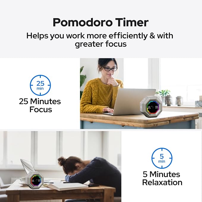 Visual Timer for Kids Kitchen Timer Pomodoro Magnetic Visual Countdown | Smart Gravity Sensing Timer with Large Display Loud Alarm for Study Cooking Classroom Homework Time Management