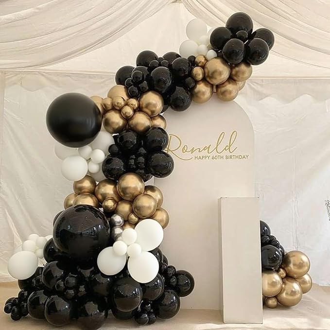 Black and Gold Balloon Arch Garland Kit with Star, 22 18 12 10 5in Different Size Black Metallic Gold White Latex Balloons for Birthday Anniversary 2026 Graduation New Year Party Decoration
