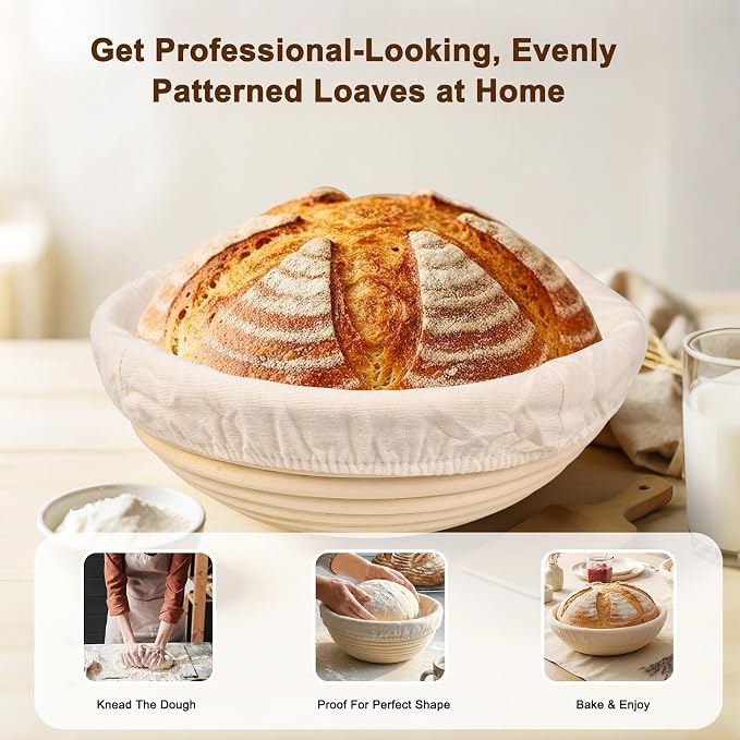 Banneton Bread Proofing Basket for Sourdough & Baguettes, 9 Inch Round Natural Rattan Bread Basket with Washable Linen Liner
