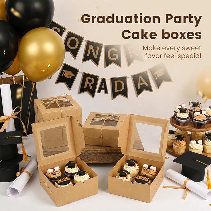 OAMCEG 50 PCS Cupcake Boxes with Window, 6x6x3 Inch Cookie Boxes, Bakery Treat Boxes for Pastry, Dessert, Chocolate Strawberries, Cupcake Containers, Gift Giving with Stickers & Twine （Brown）