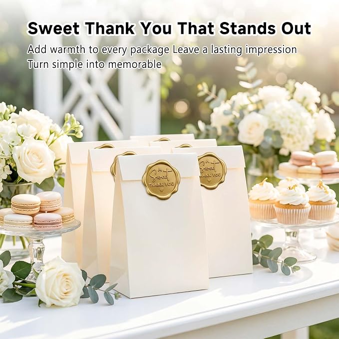 A Sweet Thank You Wax Seal Stickers, Self Adhesive Vintage Thank You Seals for Favor Bags, Sweet Treat Packaging, Donut Favors, Bakery Boxes, Gift Wrapping, 1.2 Inch (Light Gold)