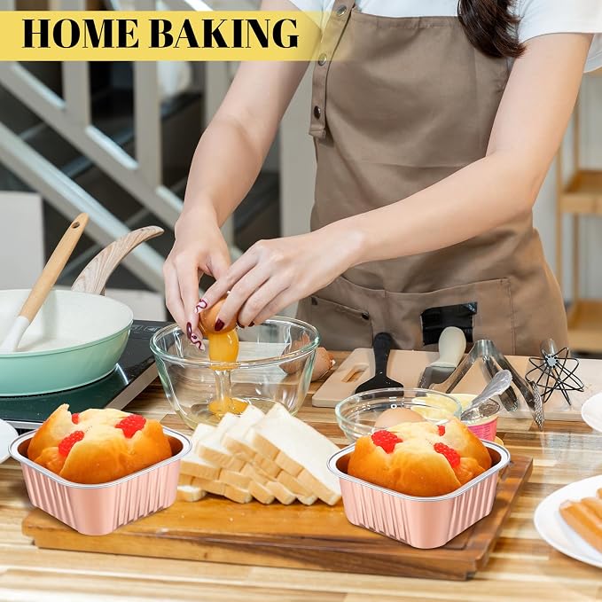 200 Pack 5 oz Mini Cake Pans with Lid, Aluminum Foil Mini Baking Tins, Square Disposable Cupcake Baking Cup Dessert Container for Wedding Birthday Party Picnic(Champagne,Classic)