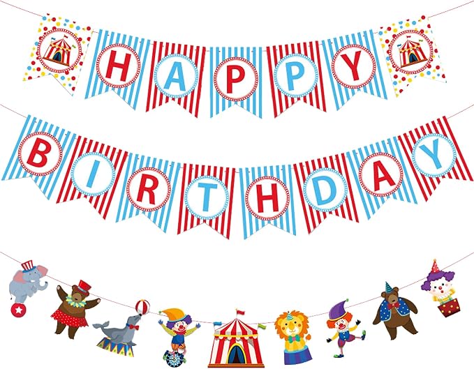 Zwiebeco Circus Happy Birthday Party Decoration Banner Hanging Colorful Paper Amusement Park Theme Bunting Sign for Boys Girls Babys Kids Funfair Carnivals Accessories Supplies