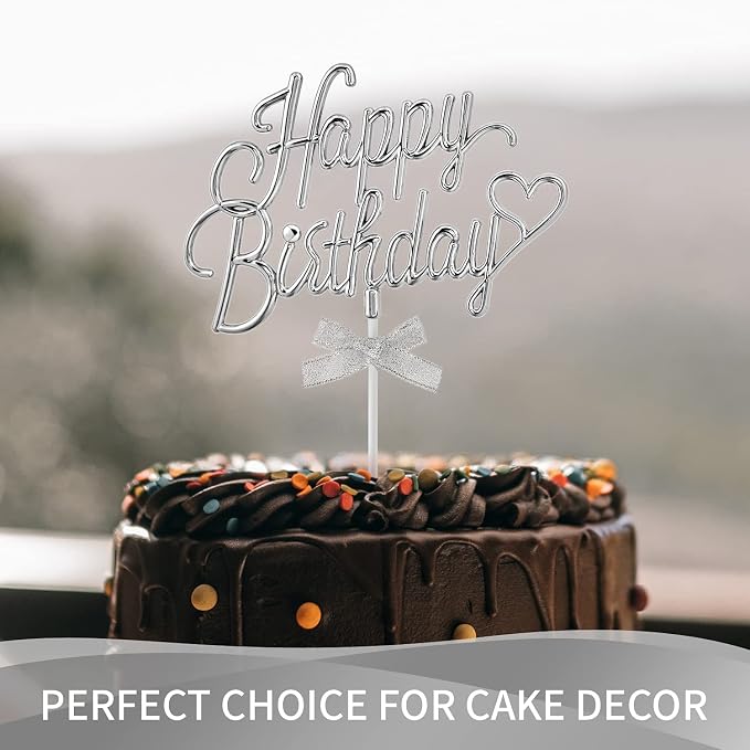 Silver Happy Birthday Cake Topper Plastic - 3D Double Sided Cursive Happy Birthday Sign for Cake with Bow, Idea for Cake Decoration (SILVER)