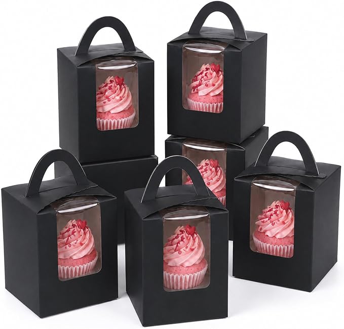 Bakepacker Auto-pop up Individual Cupcake Boxes with Window 60 Count Black Single Cupcakes Box 3.7 x 3.7 x 4.3inch Cupcake Carrier