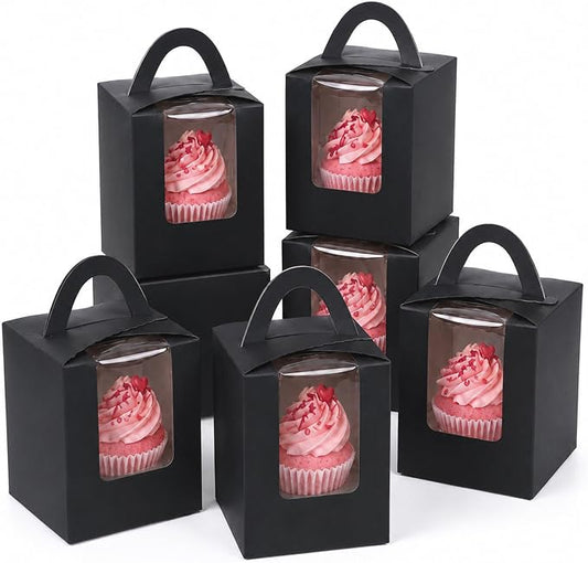 Bakepacker Auto-pop up Individual Cupcake Boxes with Window 60 Count Black Single Cupcakes Box 3.7 x 3.7 x 4.3inch Cupcake Carrier