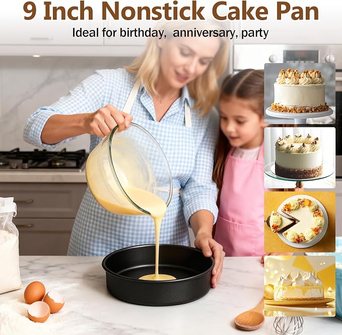 P&P CHEF 9 Inch Cake Pan Set of 2, 2 Pieces Nonstick Round Cake Baking Pans, Stainless Steel Smash Layer Cake Tin Bakeware for Cooking Steaming, Healthy & Sturdy, Oven & Dishwasher Safe