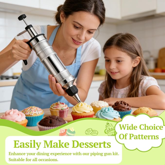 Suuker Dessert Decorating Syringe Set, Stainless Steel Frosting Kit | 6 Icing Tips, Piping Kit, Cake & Cupcake Decorating