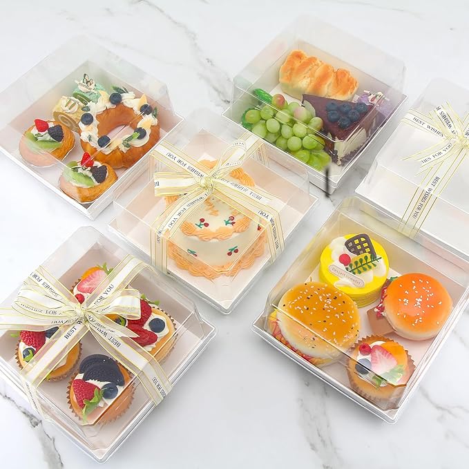 7 x 7 x 4 Inches Paper Charcuterie Boxes with Clear Lids, 25 Pack Large Clear Cake Boxes for 4-6 Inch Cake, Disposable Bakery Boxes Food Containers for Cupcakes,Pie,Cookies, Cocoa Bomb White