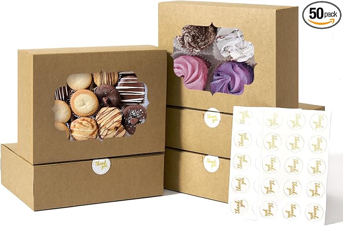 50 Pcs Bakery Boxes 8-In with Windows, Cookie Boxes Brown for Chocolate Covered Strawberries, Treats, Donuts, Cupcakes, and Candy Gift Giving 8x6x2.5 Inch