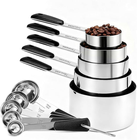 Bopei Measuring Cups and Spoons Set Stainless Steel 10 Piece for Cooking and Baking (5 Cups + 5 Spoons, Black Handle)