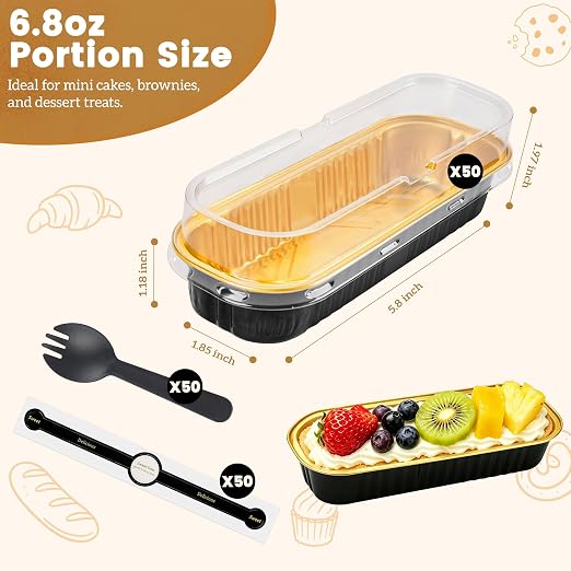 NPLUX 50 Pack Mini Cake Pans with Lids and Spoons Black Gold Rectangular Aluminum Foil Baking Pans Mini Cheesecake Containers, Graduation Gifts Party Favors(6.8oz)