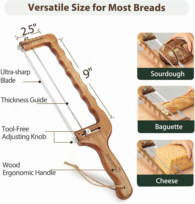 Adjustable Bread Slicer for Sourdough& Homemade Bread | Thickness Guide, Sharp Stainless Serrated Blade, Wooden Frame, Precision Bread Cutter