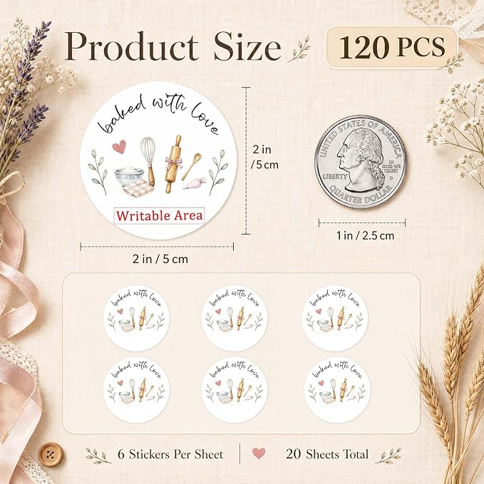 120 x Baked with Love Write On Bakery Stickers for Cookie Bags, Sourdough Bread, Jam Jars & Homemade Gifts, Writable Baking Labels for Home Bakers, Farmers Market & Small Business Packaging 2''