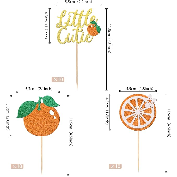 30 PCS Little Cutie Cupcake Toppers Glitter Fruit Orange Cupcake Picks for Citrus Theme Baby Shower Kids Boys Girls Birthday Party Cake Decorations Supplies Gold