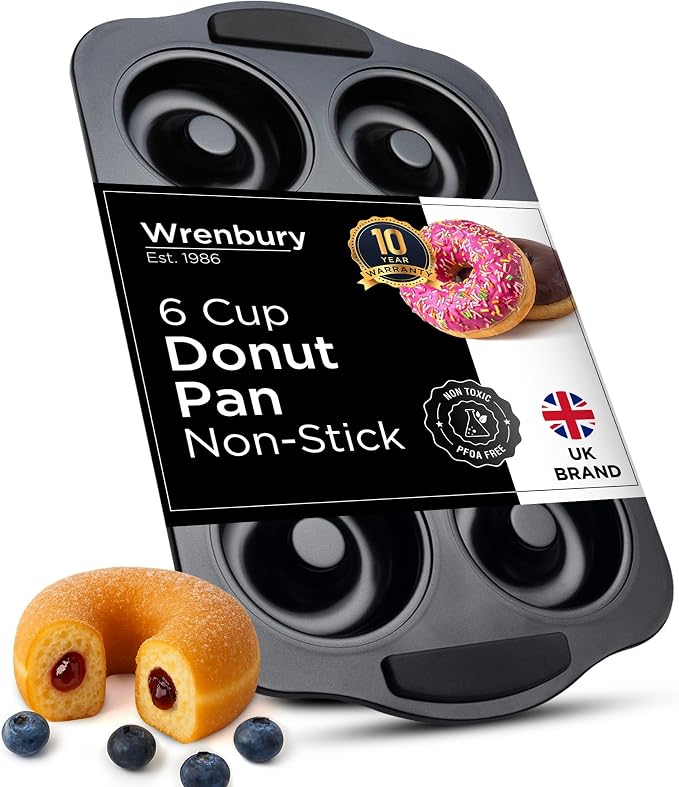 Wrenbury Donut Mold for Baking - NonStick Toughened Carbon Steel Bagel Pan | Silicone Grip Handles, PFOA Free, Easy Release, Even Heating, Oven and Dishwasher Safe, 3.5 Inch Cups
