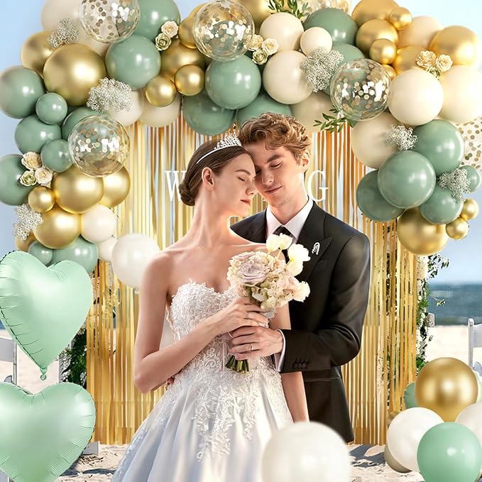 157PCS Sage Green Gold White Balloons Garland Arch Kit with Fringe Curtain for Birthday Baby Shower Gender Reveal Weddings Bridal Shower Graduation Party Decorations